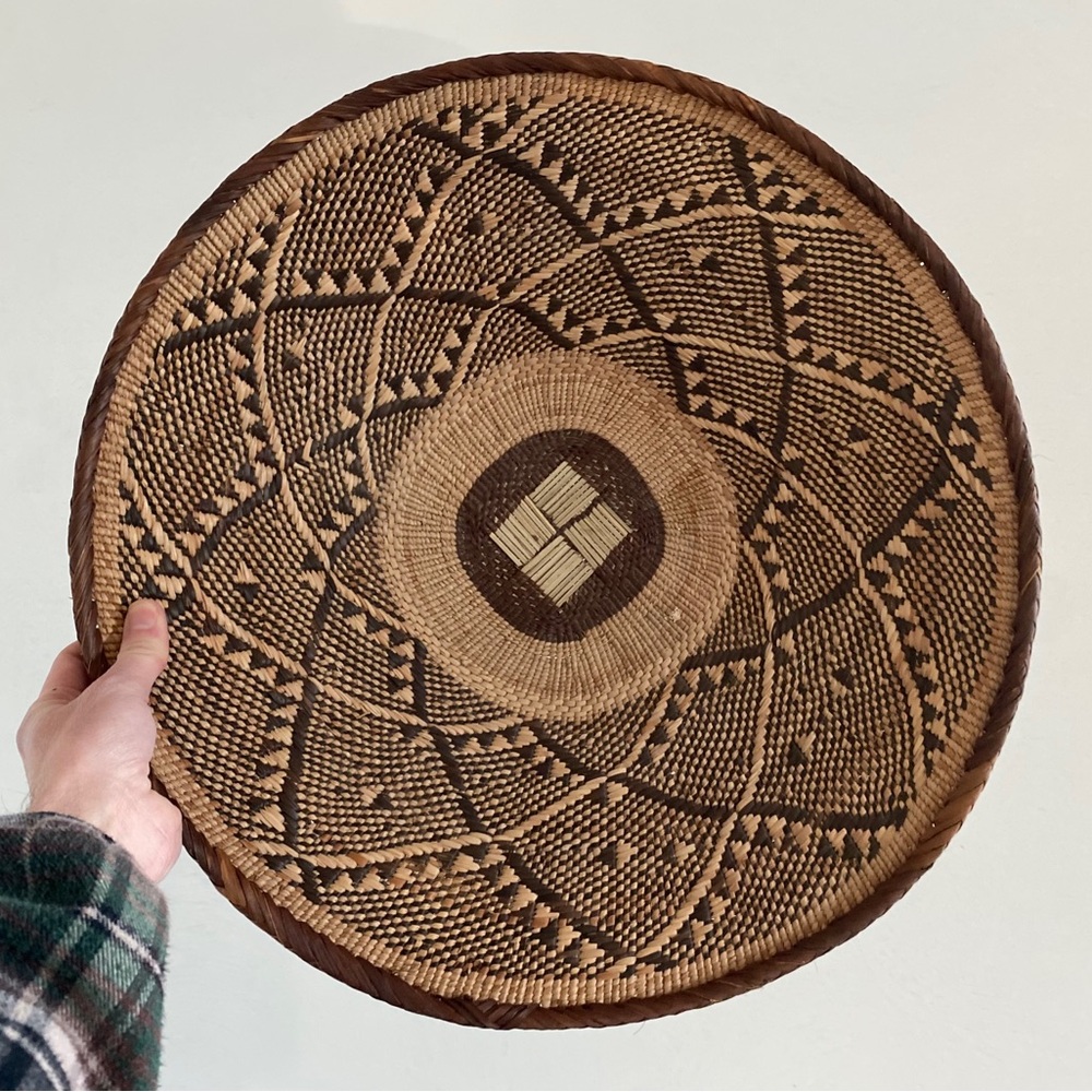 large two-tone Handwoven Shallow Basket art - boho woven Coiled Low Bowl